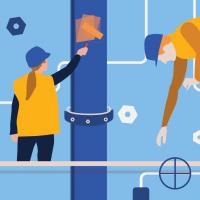 An illustration of workers fixing pipes.